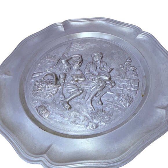 Vintage 70s German Zinnengel Pewter Plate with Embossed Village Scene Wall Decor - Picture 3 of 5
